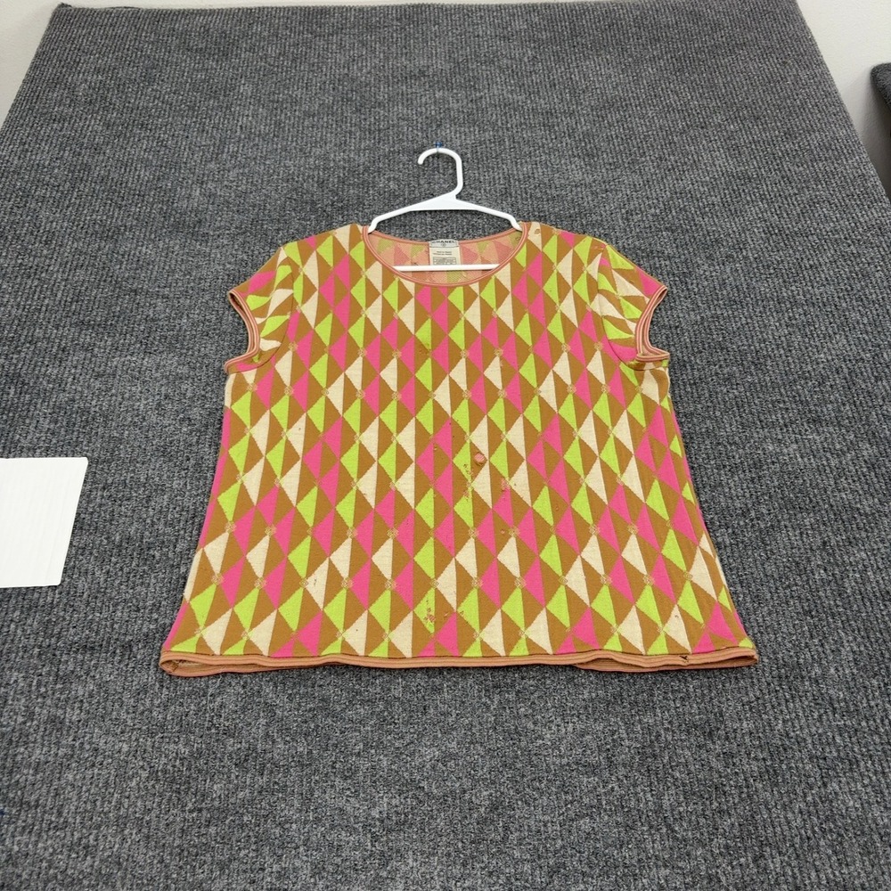 Vintage Chanel Knit Top Womens 46 Pink Green Brown Diamond Harlequin Luxury Y2K
